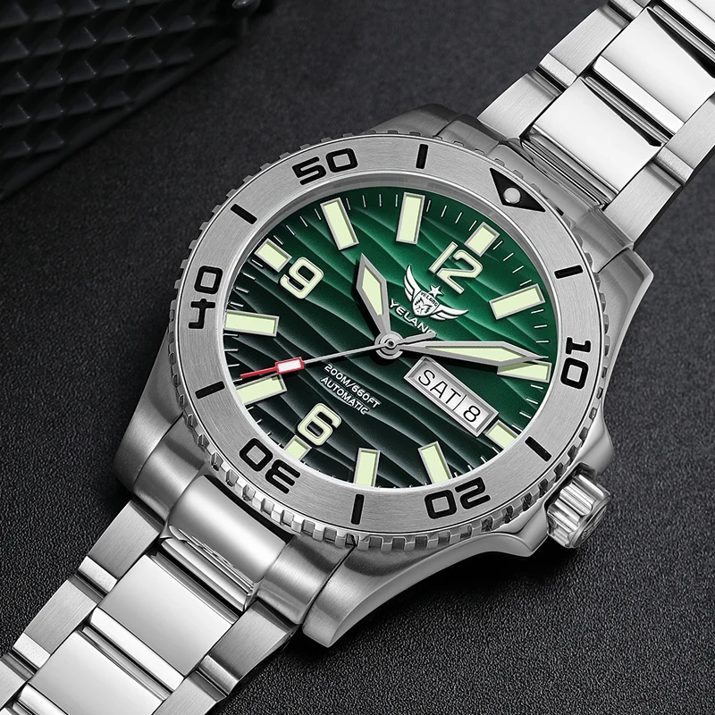 YELANG Men Automatic Watch 42mm Mechanical Wristwatch Luminous Sapphire Mirror Diver 20Bar Waterproof SW200
