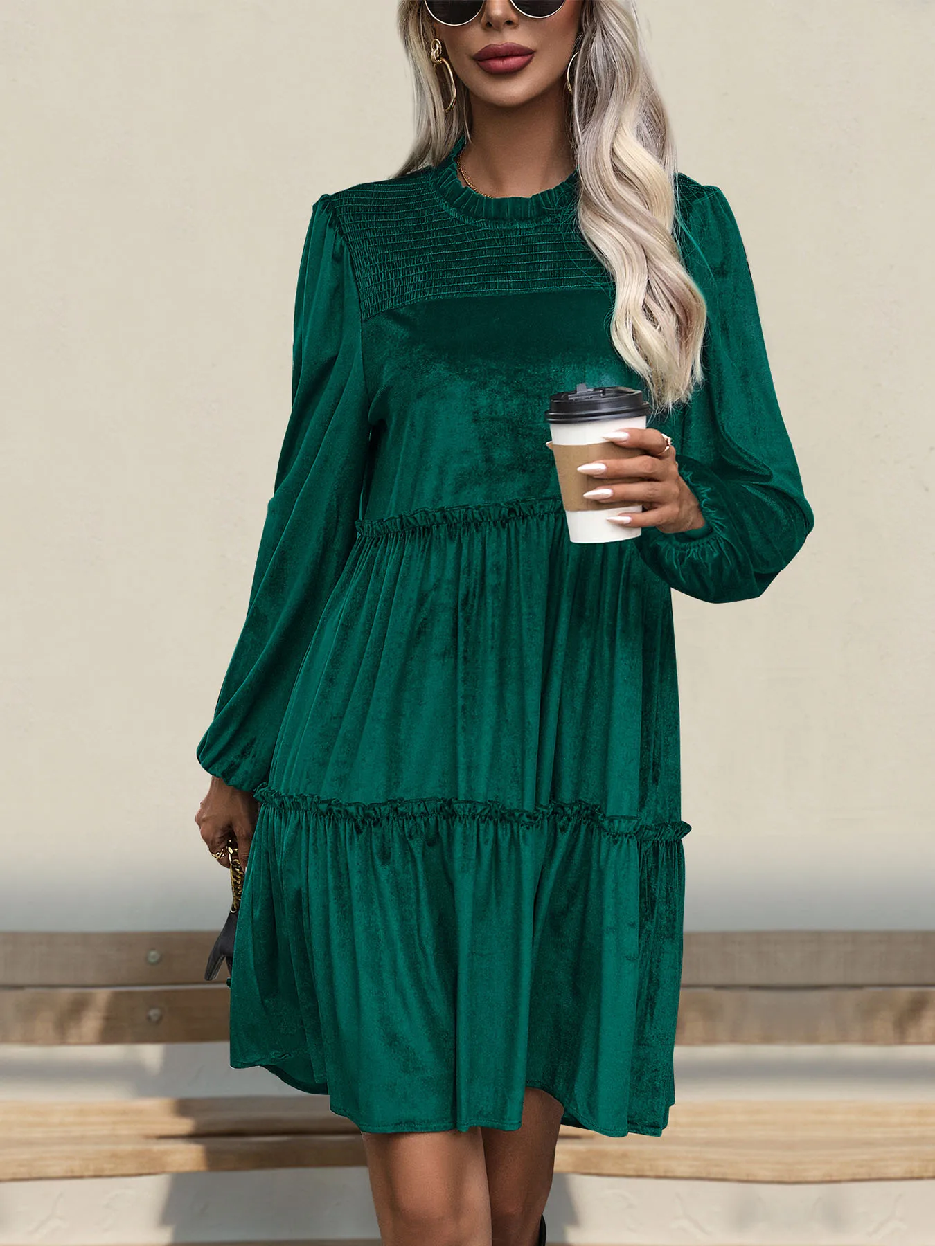 JIM & Km A-Robe monochromatique à manches longues pour femme, jupe en velours vert foncé, bord à volants, portefeuille de jeu, transfrontalier, nouveau