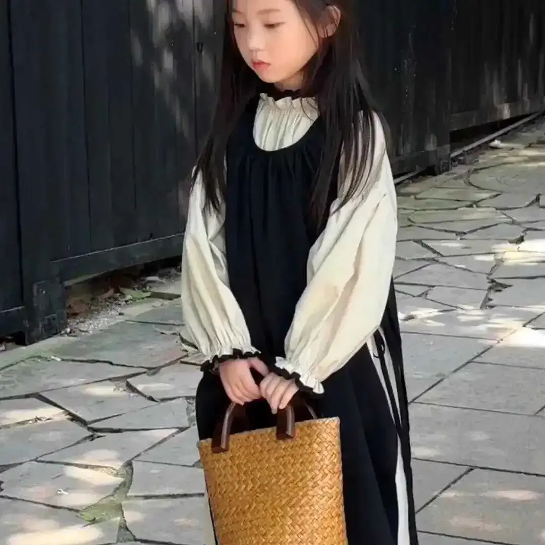Koreanischer Stil Herbst Lässiges Spitzenkleid mit Langen Ärmeln + Überwurf Zweiteiliges Set für Mädchen 2-7 Jahre Tägliche Kleidung – Detail 3