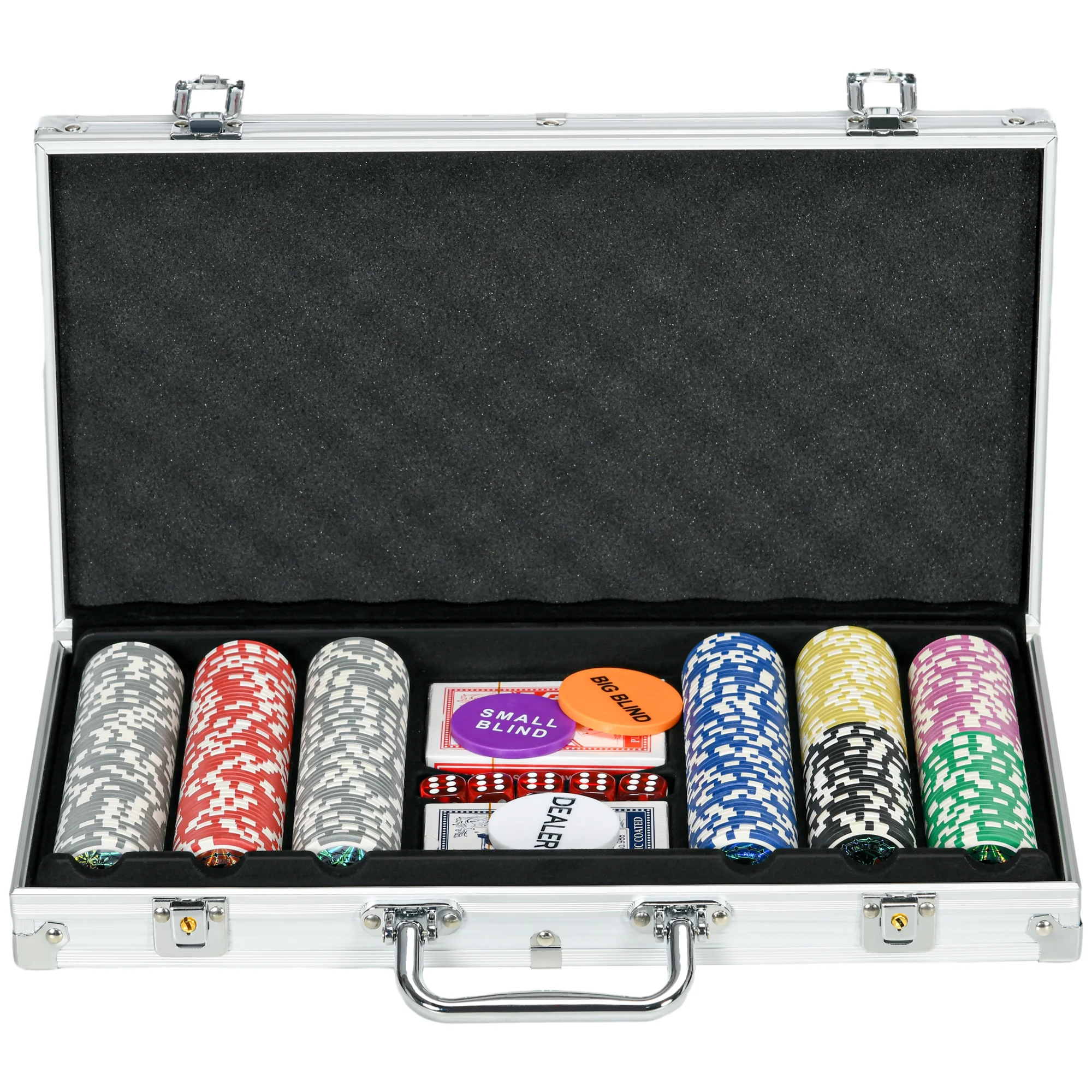 SPORTNOW Mallette de Poker Coffret de Poker Complet, verrouillable, avec 300 jetons 5 dés 2 Jeux de Cartes 3 boutons 1 Tapis en