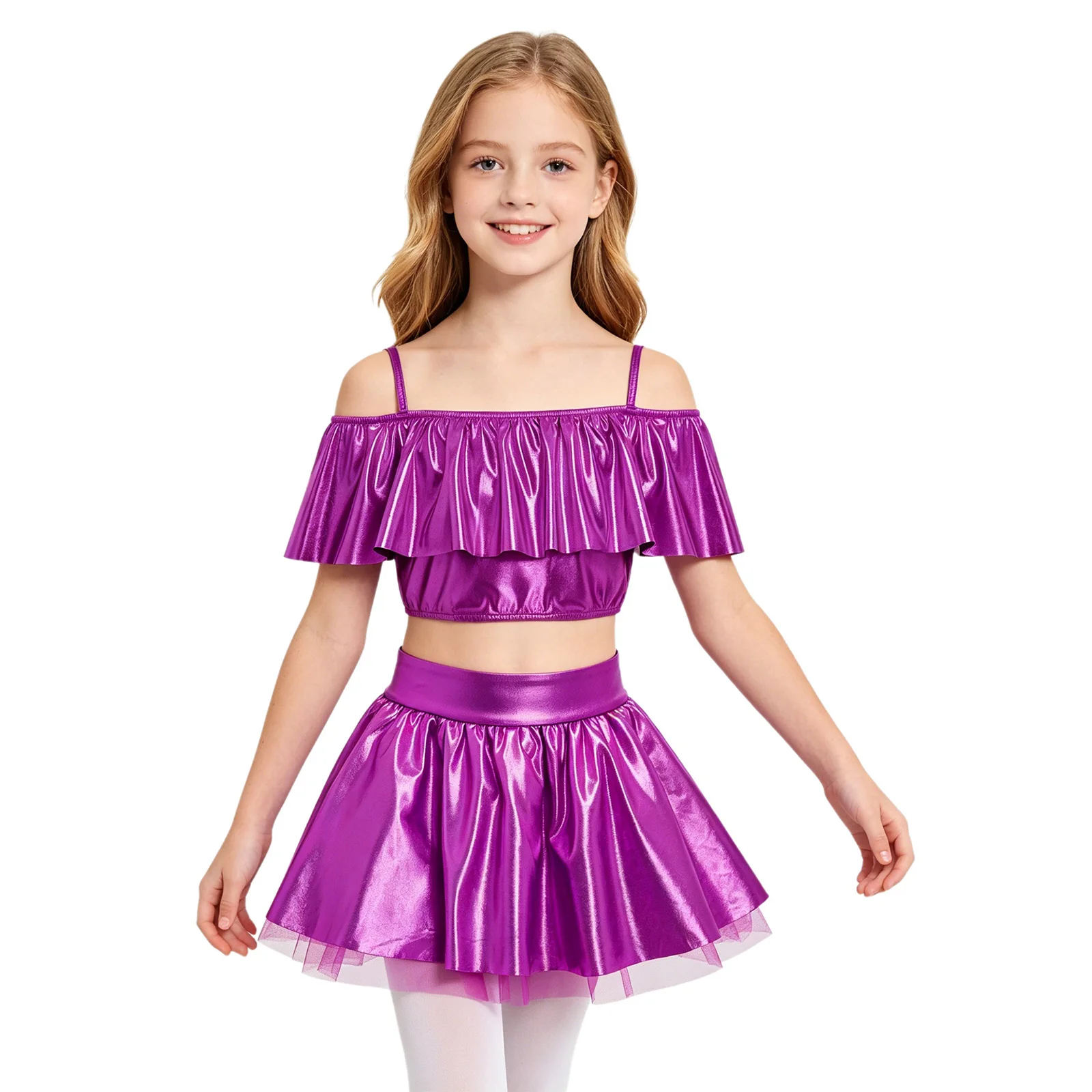 Teen Girls Metallic Hip Hop Jazz Dance Outfit Spaghetti Straps Ruffles Crop Top with Skirt for School Cheerleading Performance