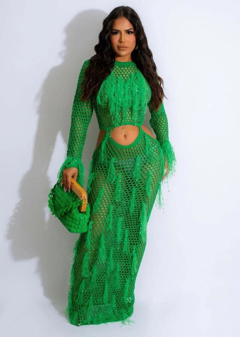 

KEXU Ribbed Knit Crochet Hollow Out Cutout Waist Tassel O-neck Maxi Dress Fashion Beach Vestidos Sexy Sheer Women Dresses