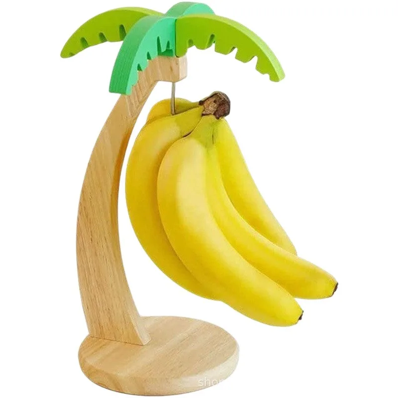 Wooden Banana Rack Hanging Kitchen Rack Simulated Leaf Decorative Fruit Vertical Storage Rack with Hook Kitchen Decoration