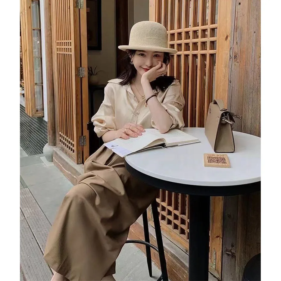 Women New Long Sleeved Shirt Skirt Two Piece Set 2025 Design Sense Female Korean Spring Solid Long Sleeved Shirt Skirts Outfit