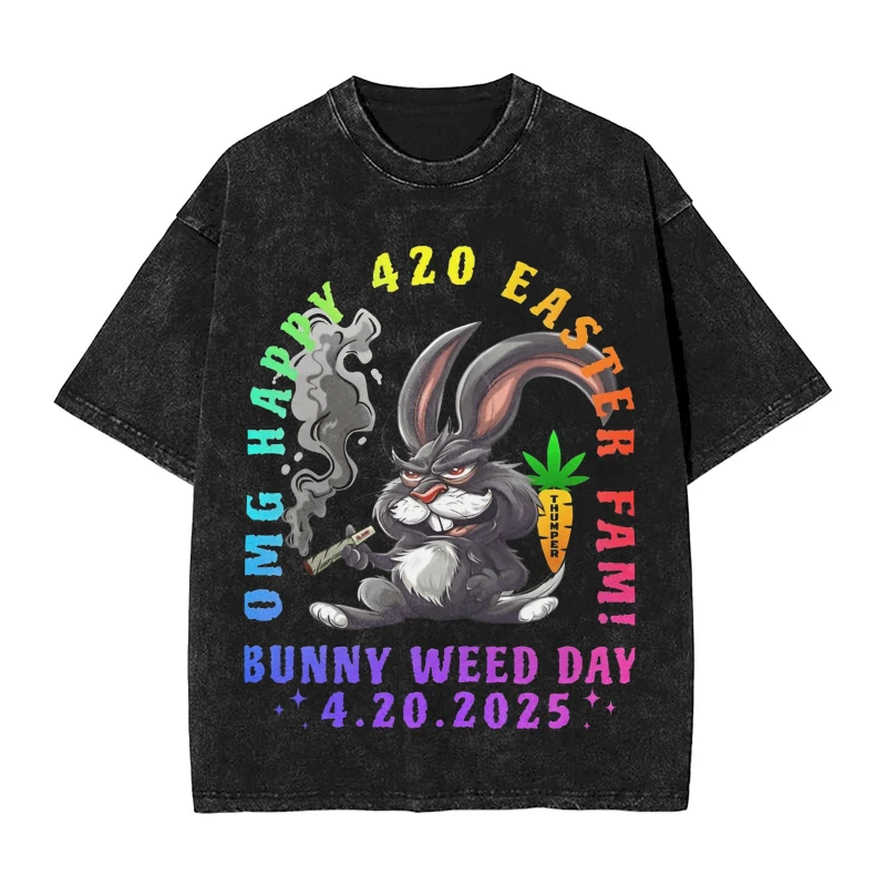 

Happy 420 Easter Bunny T Shirts Hip Hop Washed Short Sleeve Oversize T-Shirts Fashion Men Women Streetwear Summer Tee Shirt
