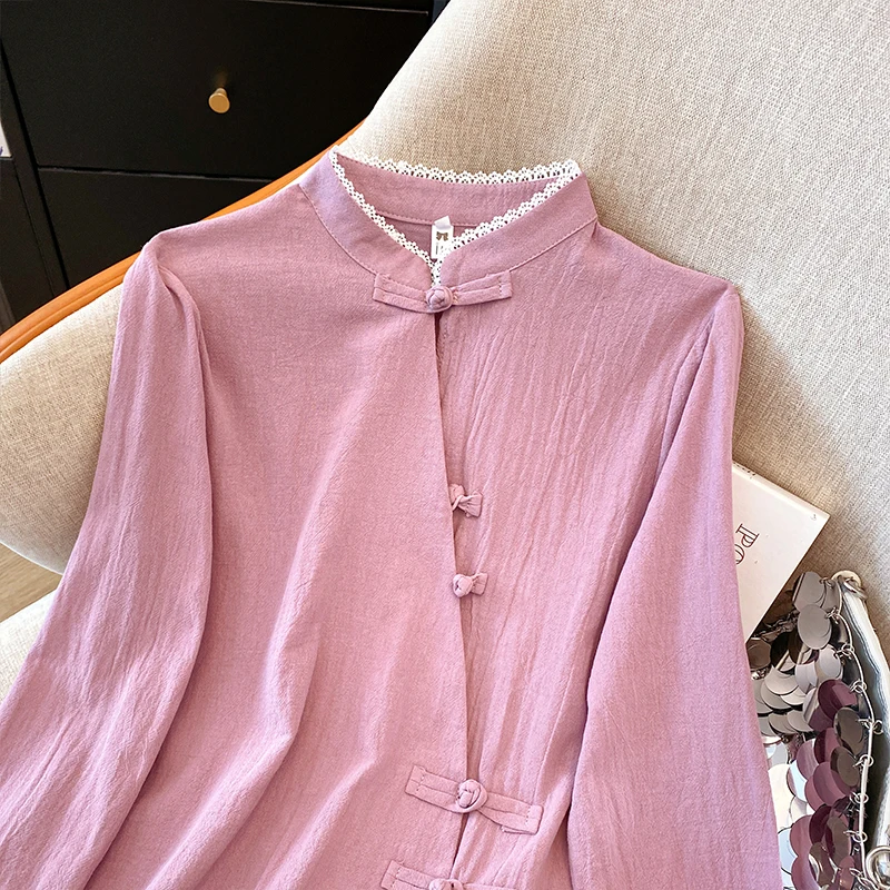 면 블라우스 여성 긴팔 루즈 셔츠 오피스룩 캐주얼 탑 중국풍 빈티지 버클 탑
