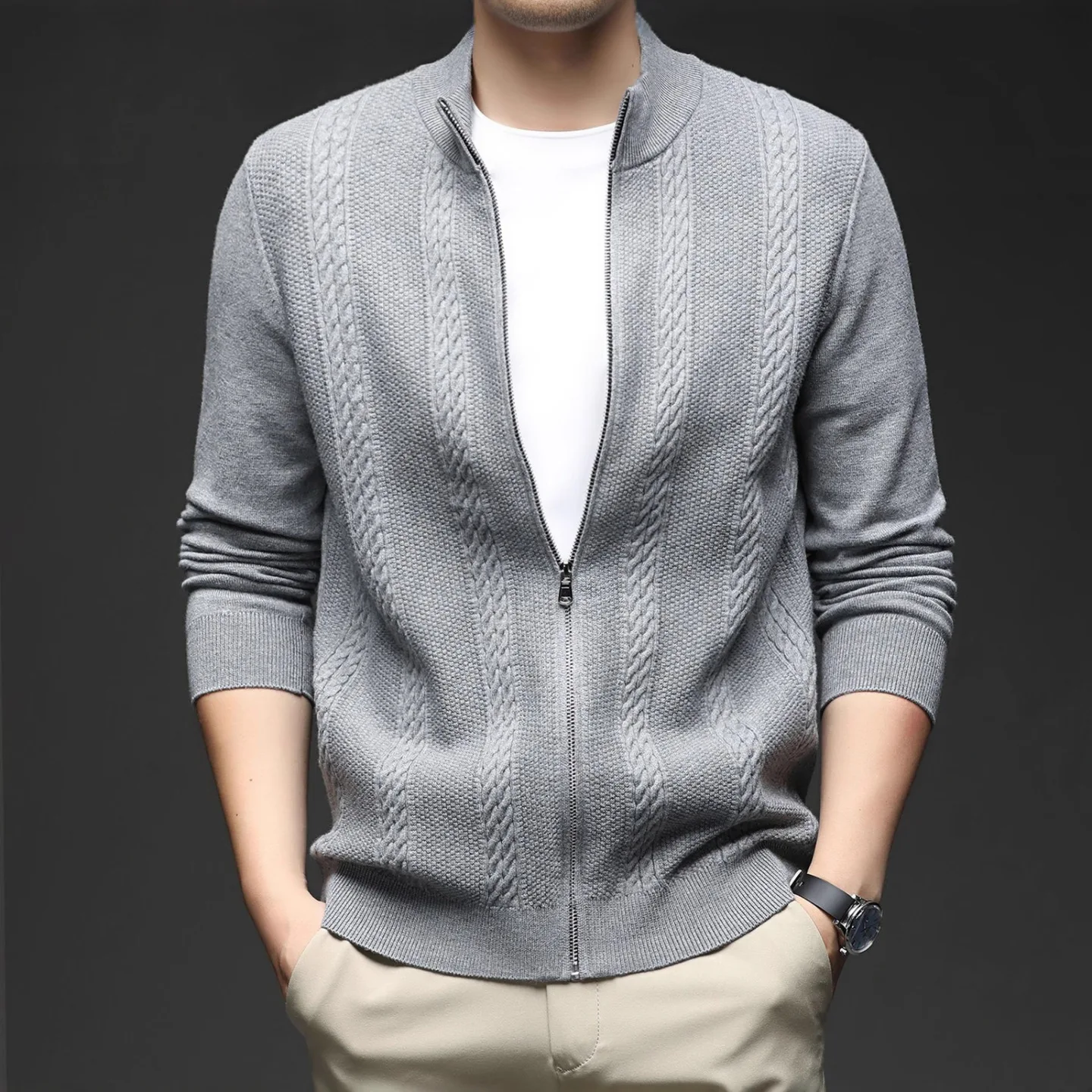 

2025 men's autumn and winter knitted cardigan fashion zipper, casual solid color, sweater