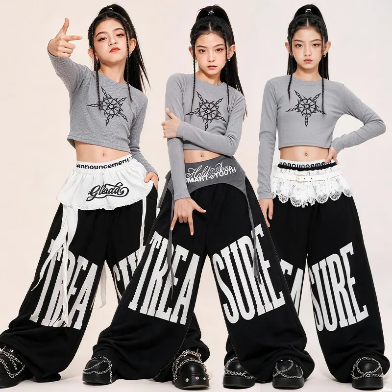 Girls Modern Hip Hop Dance Performance Costumes For Kids Gray Crop Tops Loose Pants Streetwear Children Jazz Clothing DQS24282