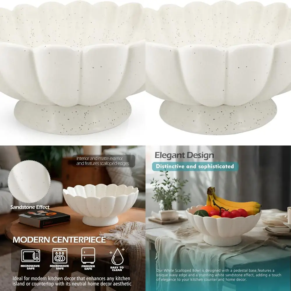 

10.6 White Ceramic Decorative Bowl with Fluted Edges - Elegant Pedestal for Kitchen Counter, Ideal Housewarming or Wedding Gift