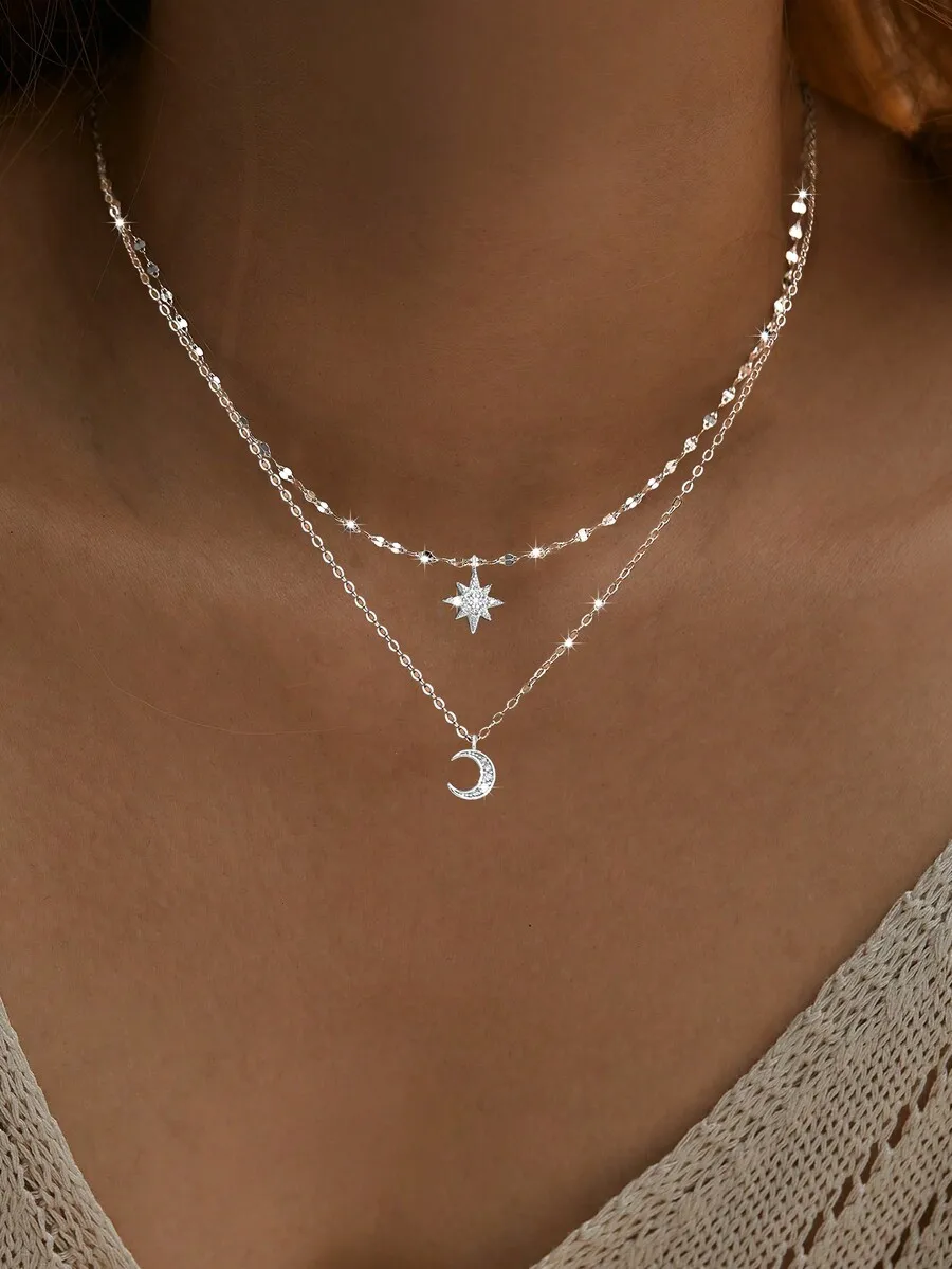 

Two-Tier Celestial Charm Necklace Featuring Star And Crescent Pendant On Fine Chain For Women’s Stylish Accessory