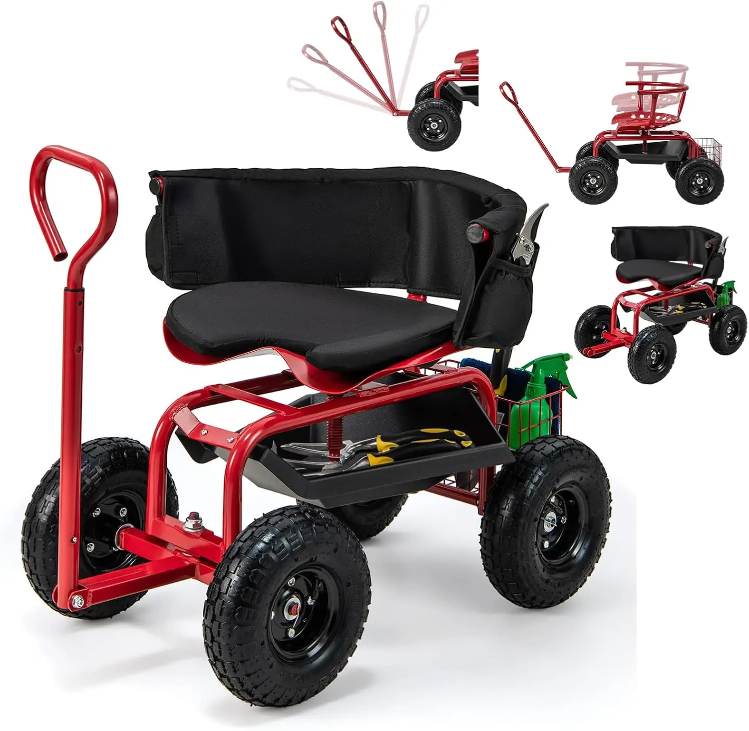 Rolling Garden Seat with Wheels, Adjustable 360° Swivel Workseat and Storage Basket, Extendable Handle, Outdoor Gardening