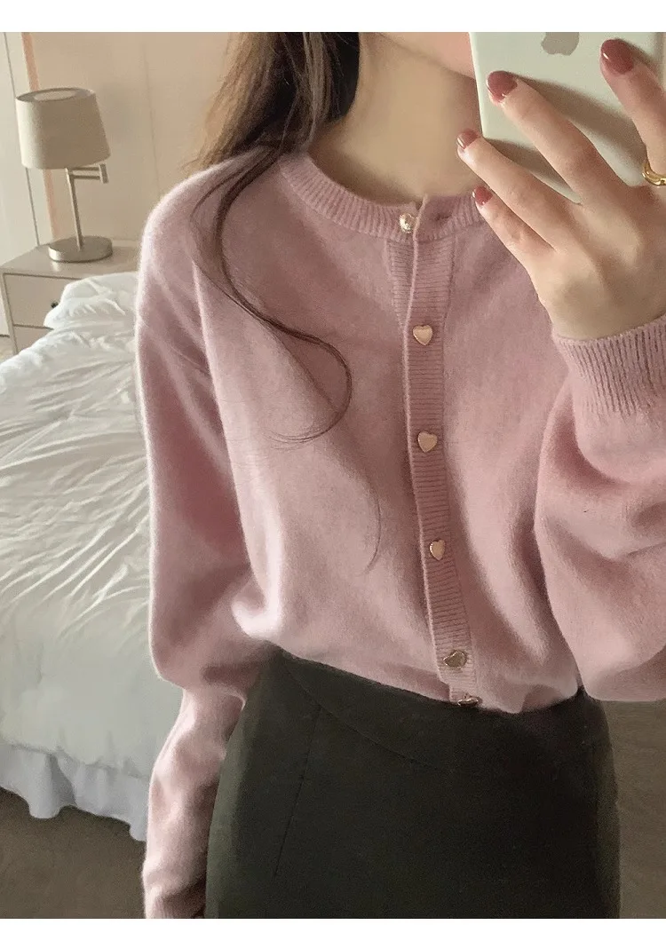

New Fashionable Merino Wool Button Cardigan Solid Color Round Neck Long-Sleeved Women's Top For Autumn And Winter-XZ266