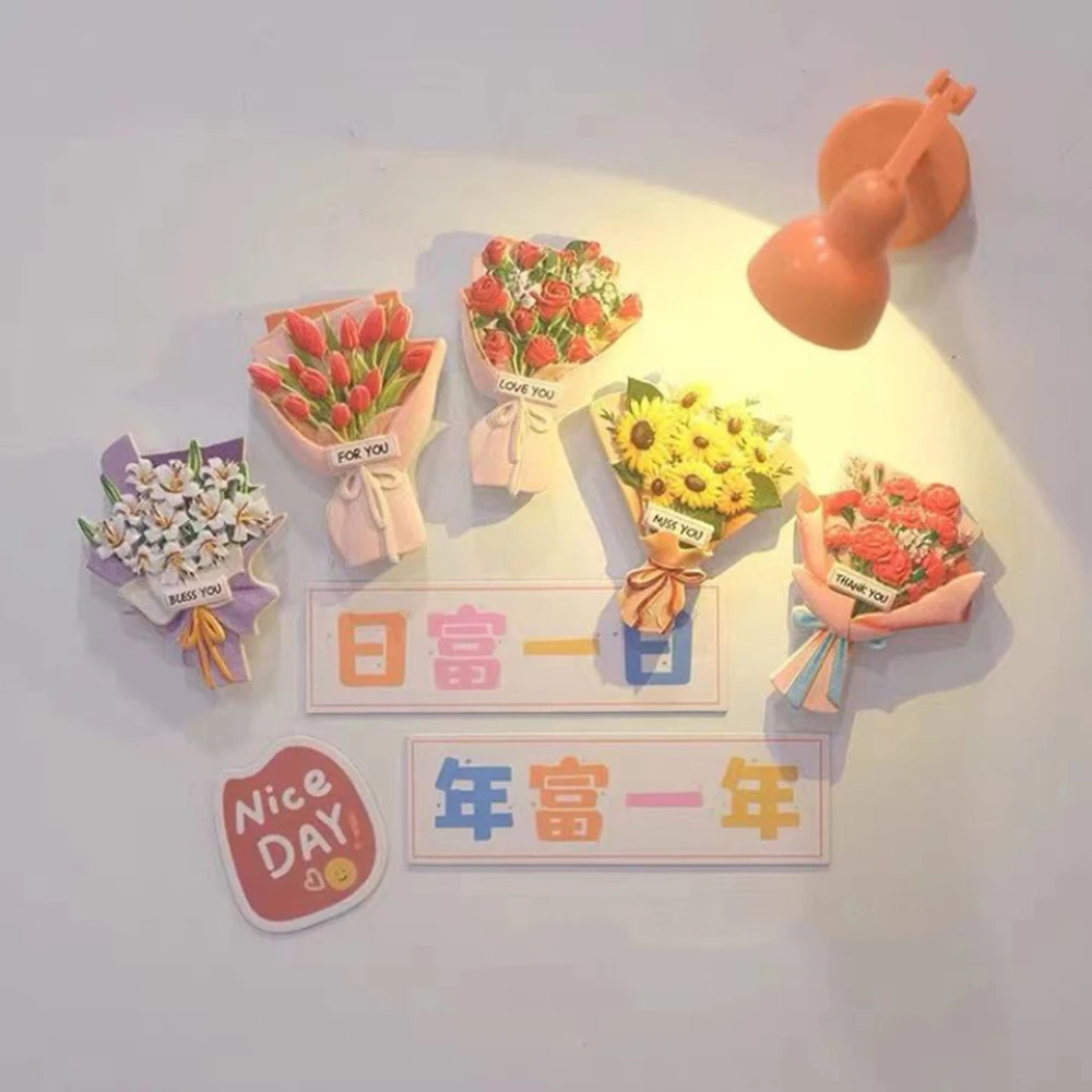 5pcs Bouquet Refrigerator Sticker Magnetic 3D Three-dimensional Resin Bouquet Cute Refrigerator Decoration with Mini Desk Lamp