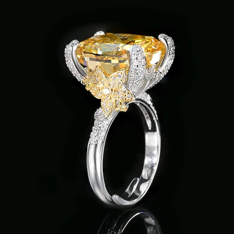 Orange Red Cushion Cut CZ Statement Ring Adjustable Two Tone Silver Gold Plated Gemstone Cocktail Women Elegant Party Jewelry