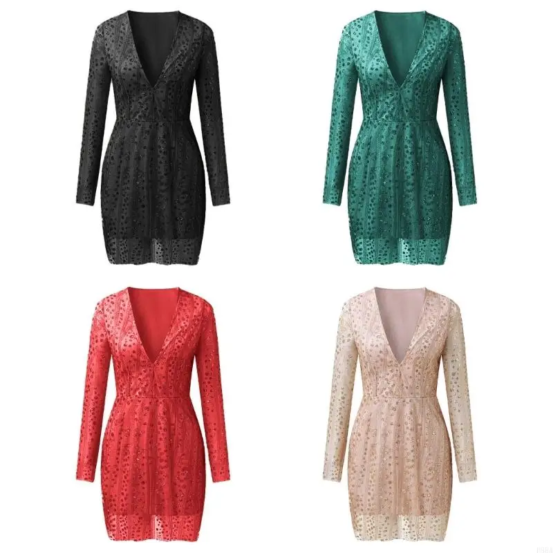 

P88A Long Sleeve Glitter Mesh Bodycon Dress with Sexy Low Neckline for Evening Wear