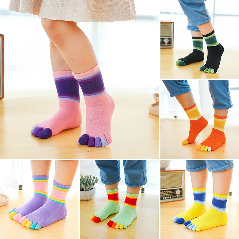 5 Pairs Kids Rainbow Cotton Toe Happy Socks Bright Color Fashion Striped Five Finger Socks for Baby Boys Girls 2-5-10Y Children