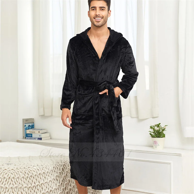 Winter Thicken Flannel Men\'s Long Robe Hooded Kimono Bathrobe Gown Warm Coral Fleece Sleepwear Lounge Wear Loose Home Clothes