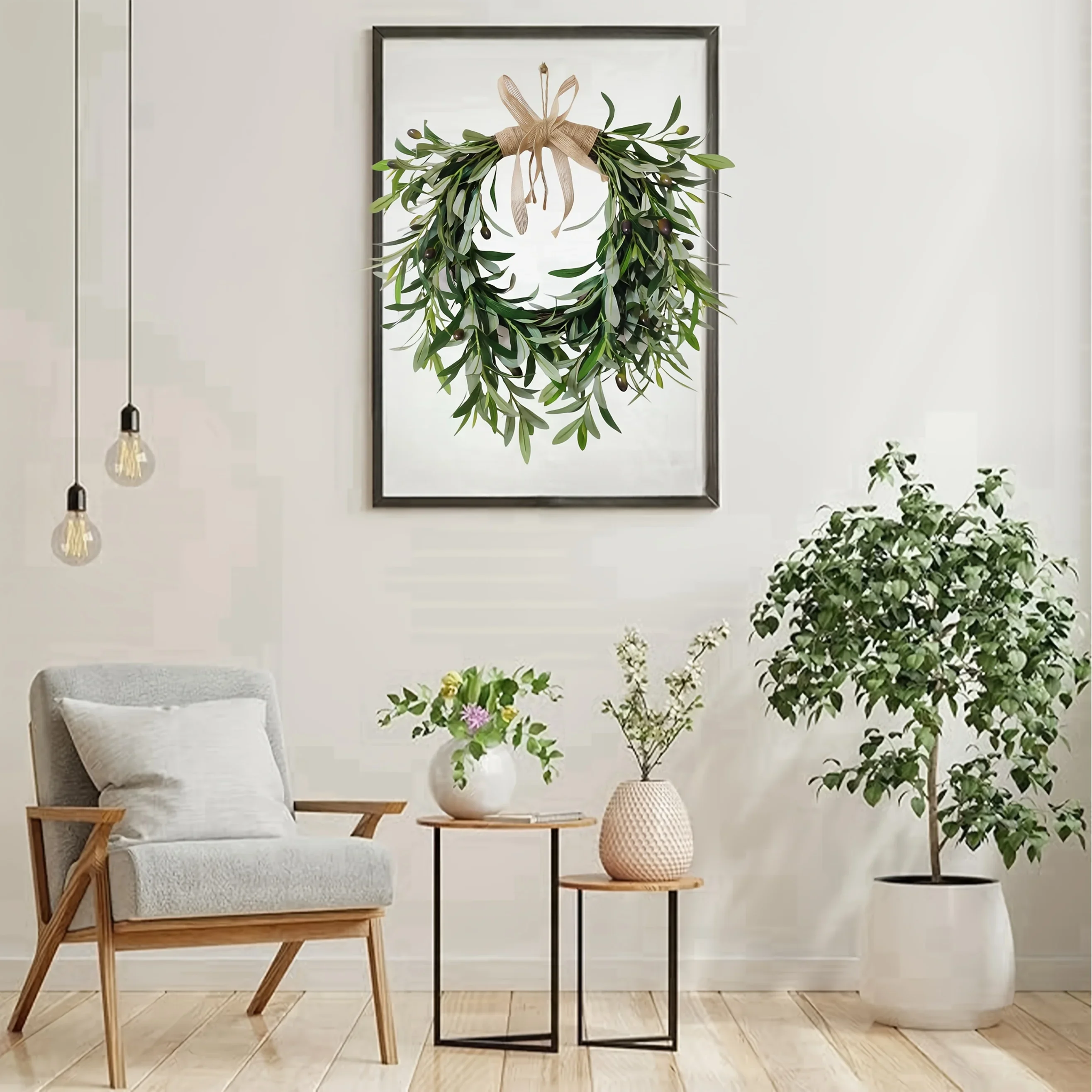 Rustic Artificial Olive Leaf Wreath Plastic Green Floral Garland Wall Hanging Indoor Outdoor Fireplace Wedding Farmhouse Decor - Image 3