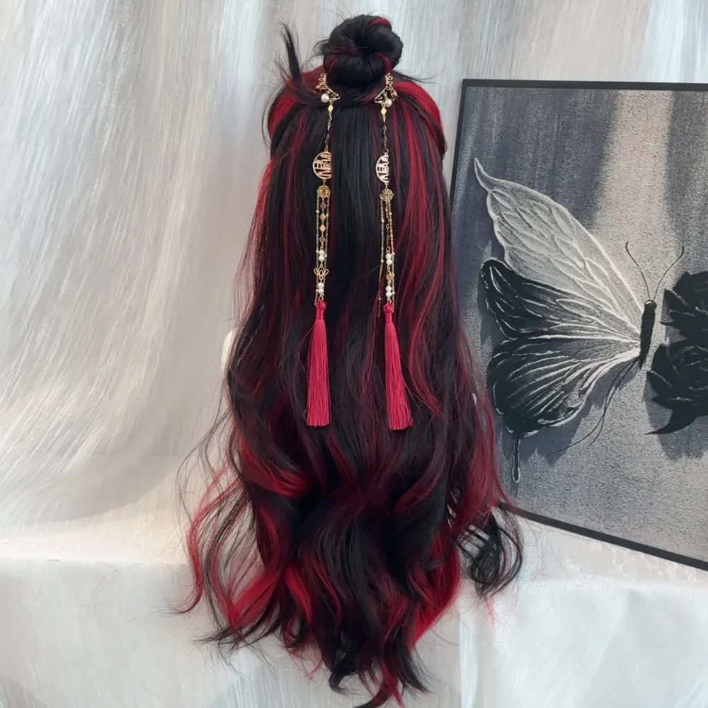 Synthetic Long Wavy Black Ombre Red Layered Wig Middle Part Fluffy Women Wig for Lolita Cosplay Daily Party