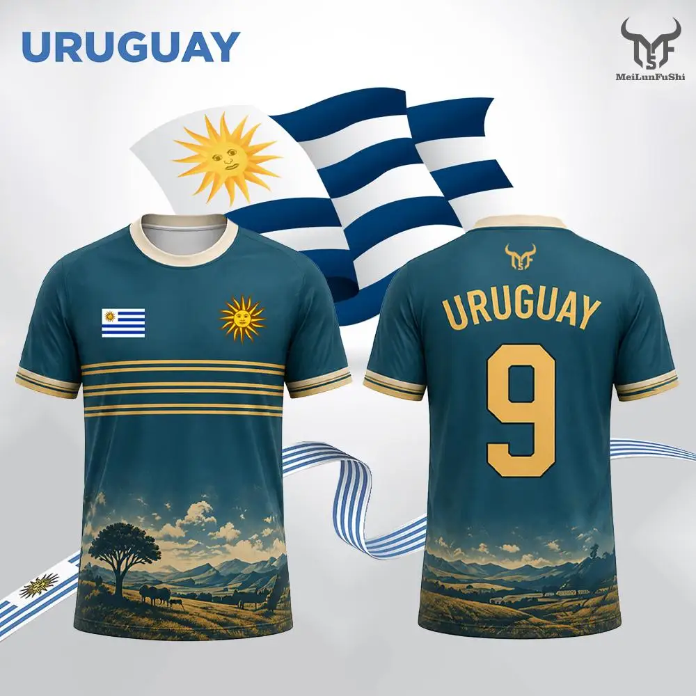 2026 New Uruguay Flag and Prairie Print Jersey Men's Outdoor Sports Casual Tops Summer Breathable Quick-drying Football T-shirt