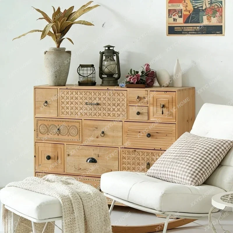 XX Modern Solid Wood Multi-Drawer Storage Cabinet Vintage Carved Distressed Sideboard for Entryway Bedroom Farmhouse Organizer
