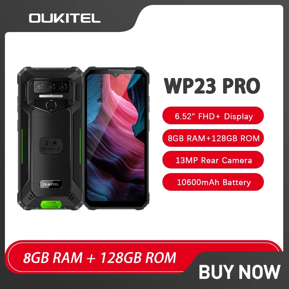 Oukitel WP23 프로 견고한 스마트폰, 안드로이드 13, 6.52 인치 HD 방수, 8GB + 128GB 휴대폰, 10600mAh, 13MP 핸드폰 NFC, 4G