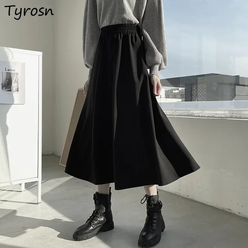 

Women Skirts A-line Fashion Solid Casual All-match Ulzzang Mid-calf Streetwear Vintage Hepburn Femme Elastic High Waist Daily