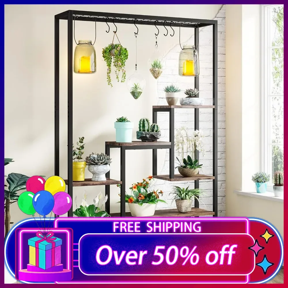 

5-Tier Tall Indoor Plant Stand, 70.9 inches Large Metal Plant Shelf with 6PC S Hanging Hooks, Flower Bonsai Pots Display Rack