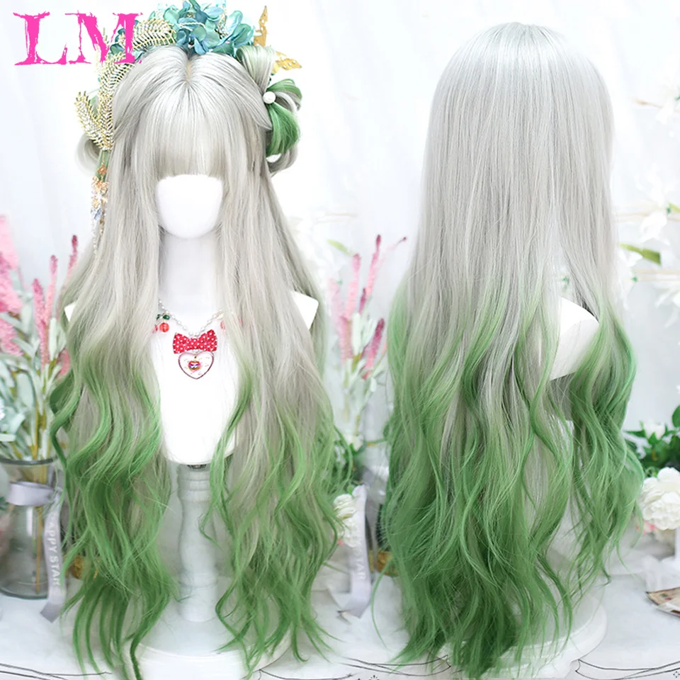 

LM Silver White Gradient Green Synthetic Wigs With Bangs for Women Long Wavy Hair Wig Natural Cosplay Party Heat Resistant