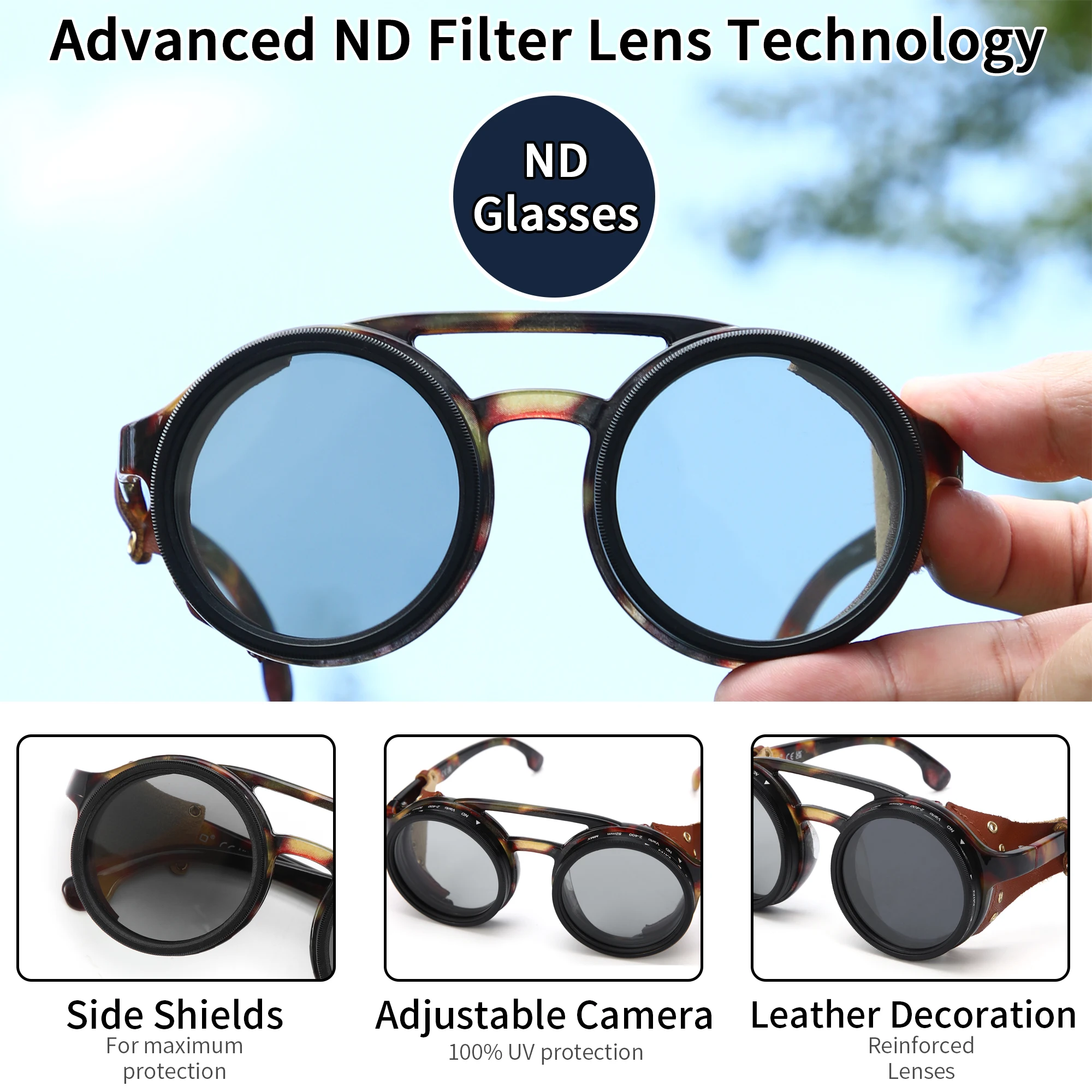 ND9 Adjustable Dimming Sunglasses Retro Punk Round Men's Outdoor Fishing UV400 Polarized Driving Sunglasses
