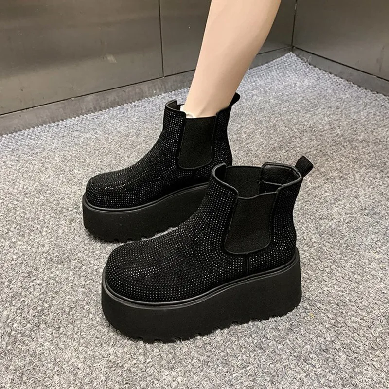 

New 7CM Women Flats Platform Boots Crystal Bling Luxury Ankle Shoes Winter Keep Warm Fur Snow Boots Woman Botas Mujer Zapatos