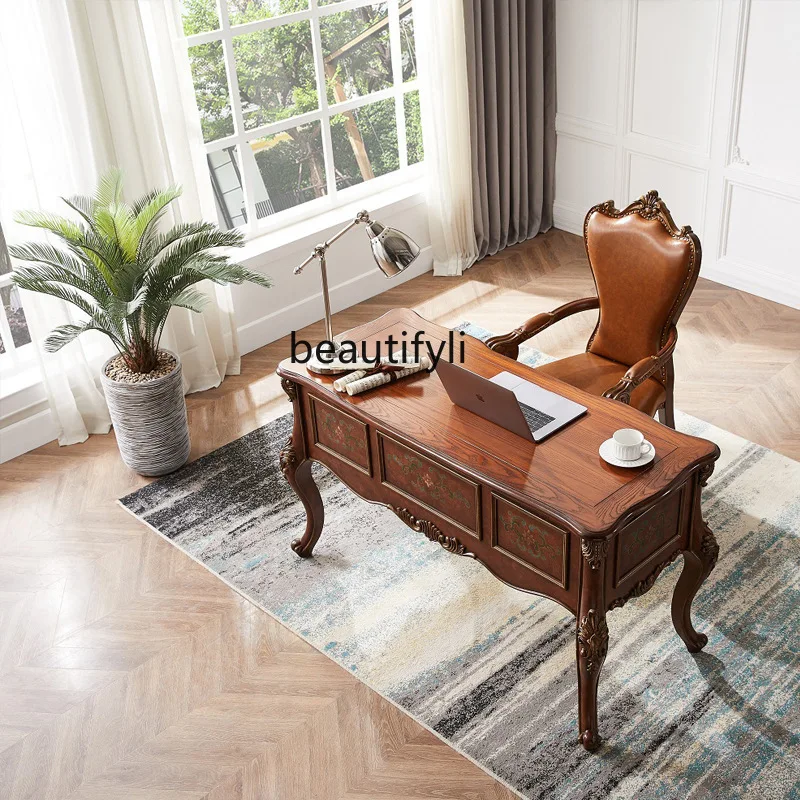 

American Style Painted Computer Desk Desk Villa European Style Solid Wood Home Study Furniture Writing Desk Brown