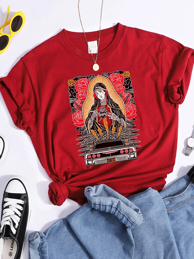 Rose Our Lady Of Guadalupe Printing Womens Tshirt Street Hip Hop T Shirt Cool Summer Sweat Streetwear Breathable T Shirts Female