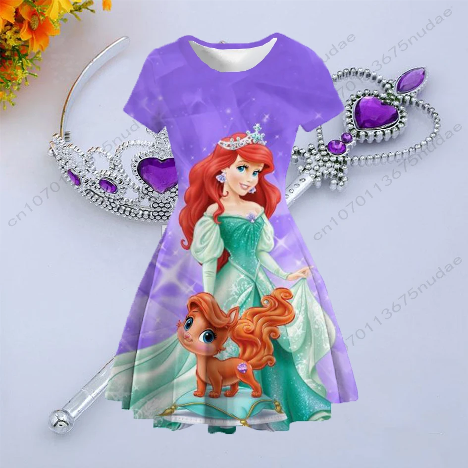 Disney Princess series printed round neck short sleeve pleated skirt sweet waist slimming princess dress birthday party dress