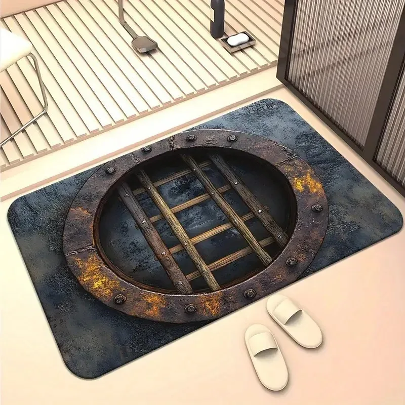 3D Optical Illusion Hole Pattern Doormat Industrial Style Sewer Manhole Cover Print Entry Mat Soft Non-Slip Home Decor Floor Mat