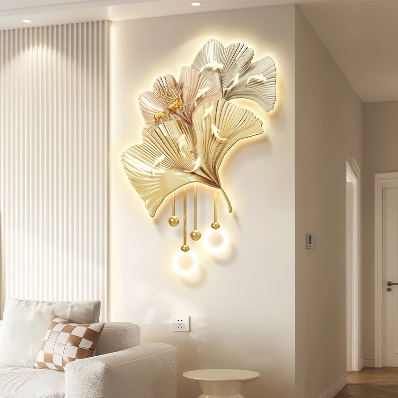 

Light luxury ginkgo leaf entrance LED painting with lighting Nine fish picture living room TV sofa background wall light