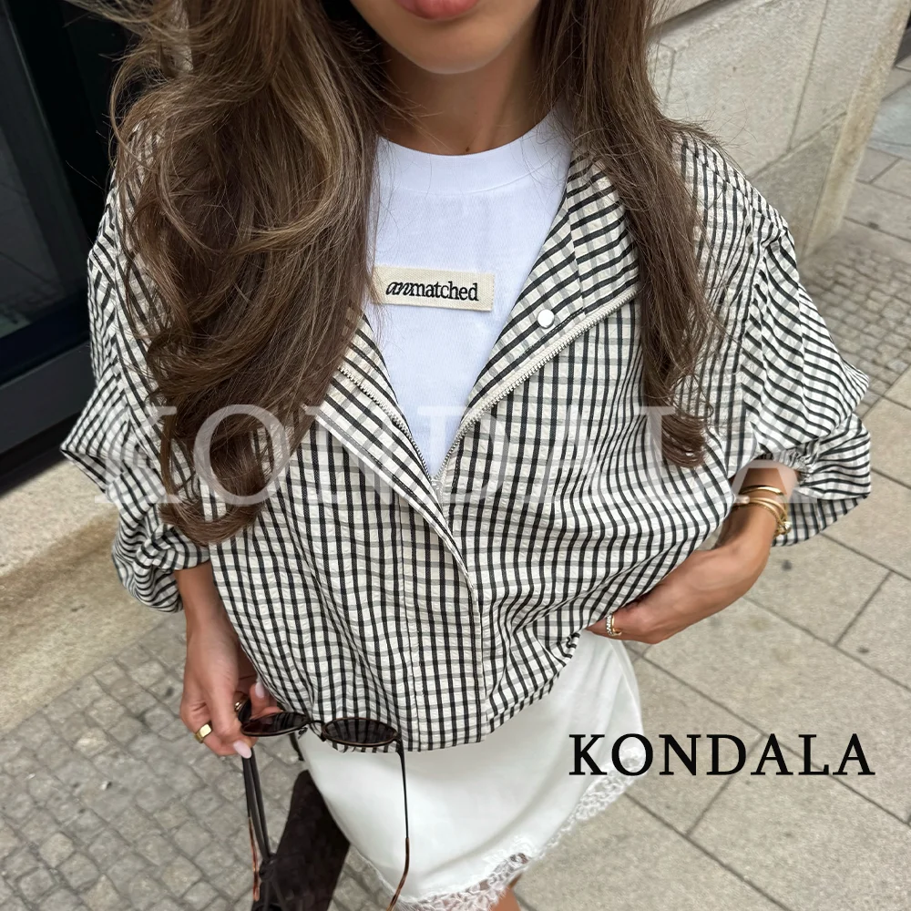 KONDALA Women High Street Plaid Jacket Stand-Collar Zipper Jacket 2026 Summer Early Fall Trendy Sporty Y2K Cool Lady Jacket Coat