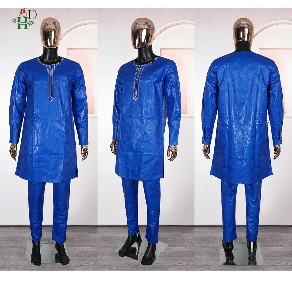 Ropa Africana H&D para Hombre, Conjuntos Tradicionales de Agbada de 3 Piezas, Camisa Azul Bazin Riche, Pantalón Bordado, Trajes para Bodas y Fiestas, Tallas Grandes