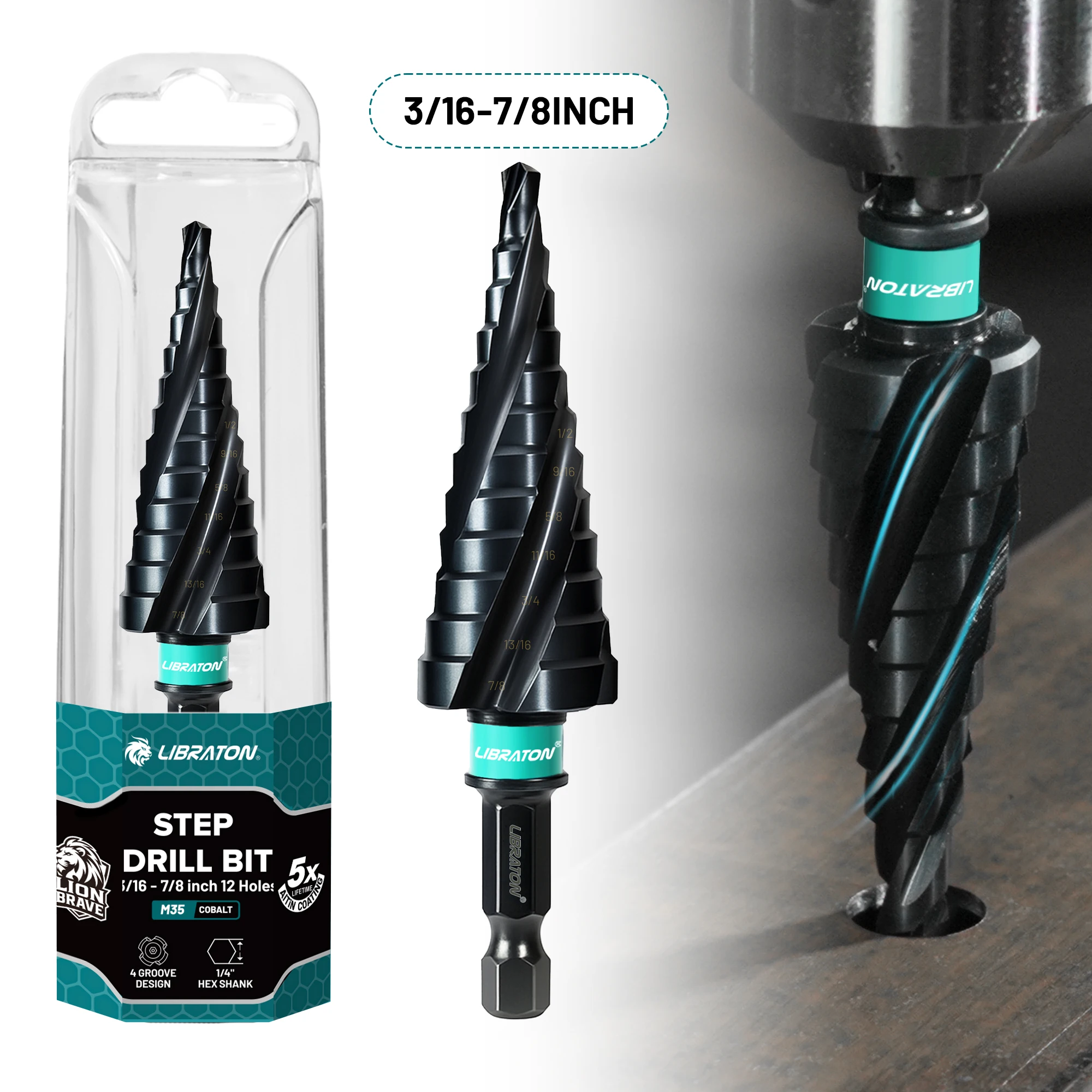 

LIBRATON 3/16"-7/8" Step Drill Bit Four Spiral Flute Step Bits M35 Cobalt 1/4" Hex Shank Step Bits for Stainless Steel Metal