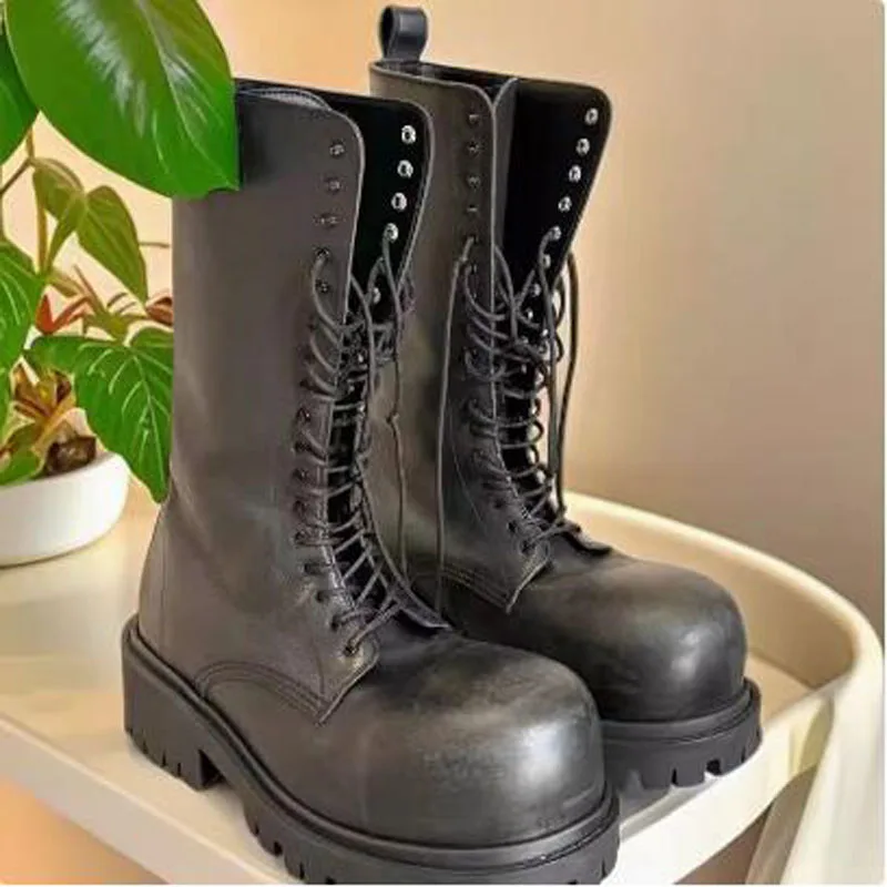 Unisex Women Men Black Matte Leather Big Round Toe Cross Tied Lace Up Front Mid-calf Boots Thick Sole Chunky Heels Short Boots