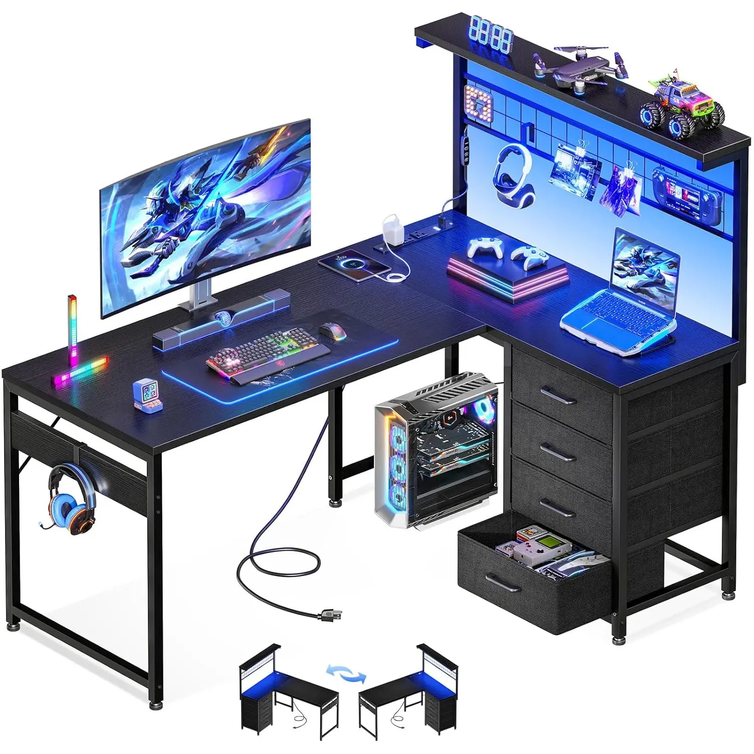 

L Shaped Gaming Desk with Shelf & 4 Drawers, 43" Reversible Computer Desk with LED Light, Home Office Table with Hutch and Hook,