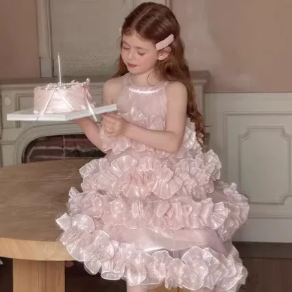 New Baby Girls Boutique Mesh Tutu Flower Dress, Princess Kids Sweet Party Dress  3-8 T