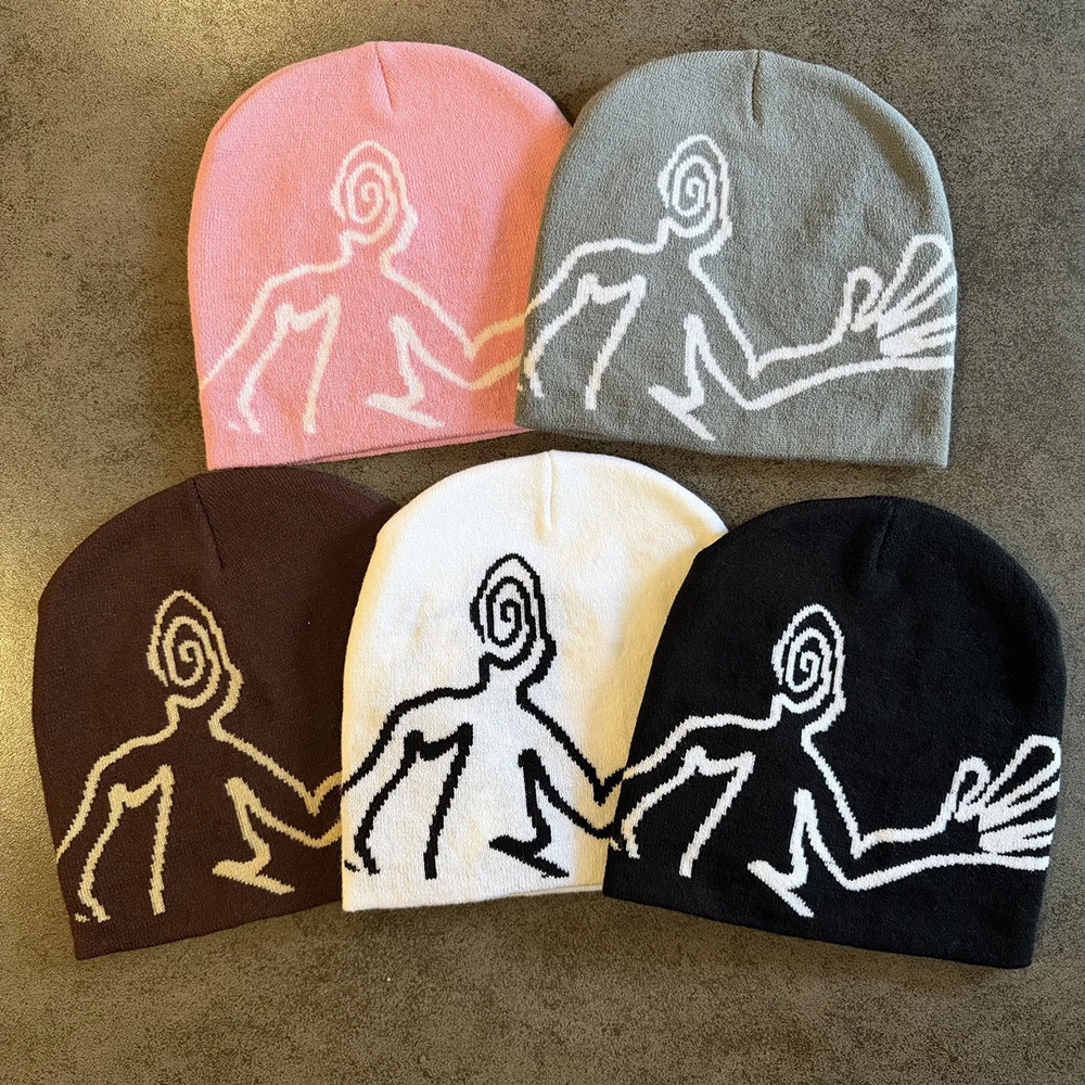 Fashion Embroidery Cartoon Graphic Print Casual Skullcap 100%Cotton Outdoor Hat Winter Warm Stretchable Beanie Men Women
