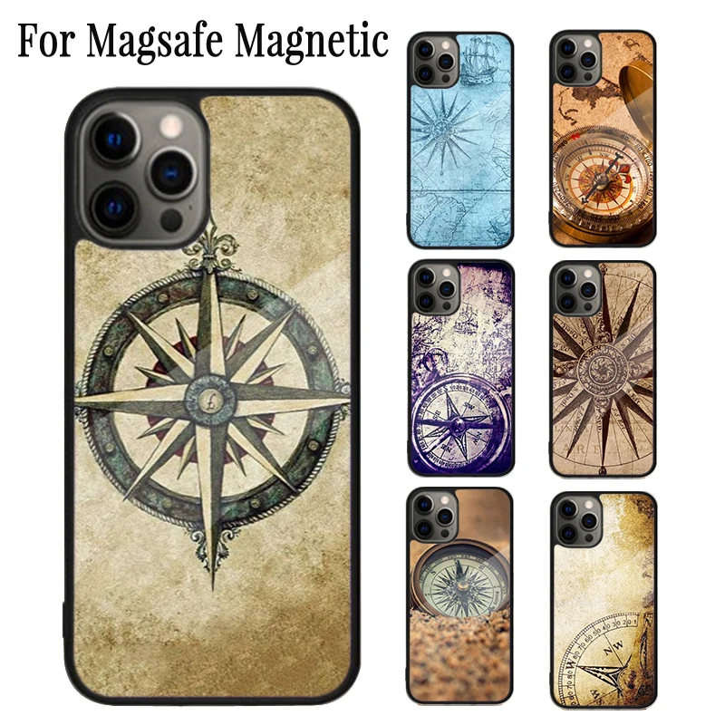 World Map Compass Nautical Magnetic Phone Case Coque For iPhone 16 15 14 Plus 13 12 Mini 11 Pro Max Magsafe Wireless Cover