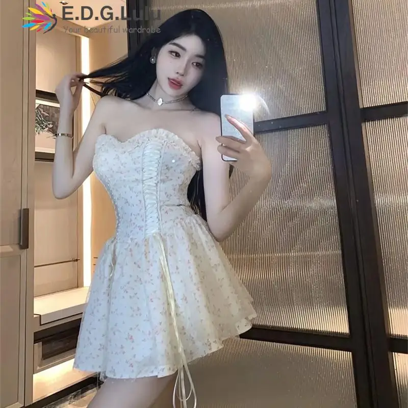 EDGLuLu Summer Vacation Outfits Woman 2024 Strapless Drawstring Lace-Up Floral Dress Sexy Backless Sleeveless Mini Dress 0407