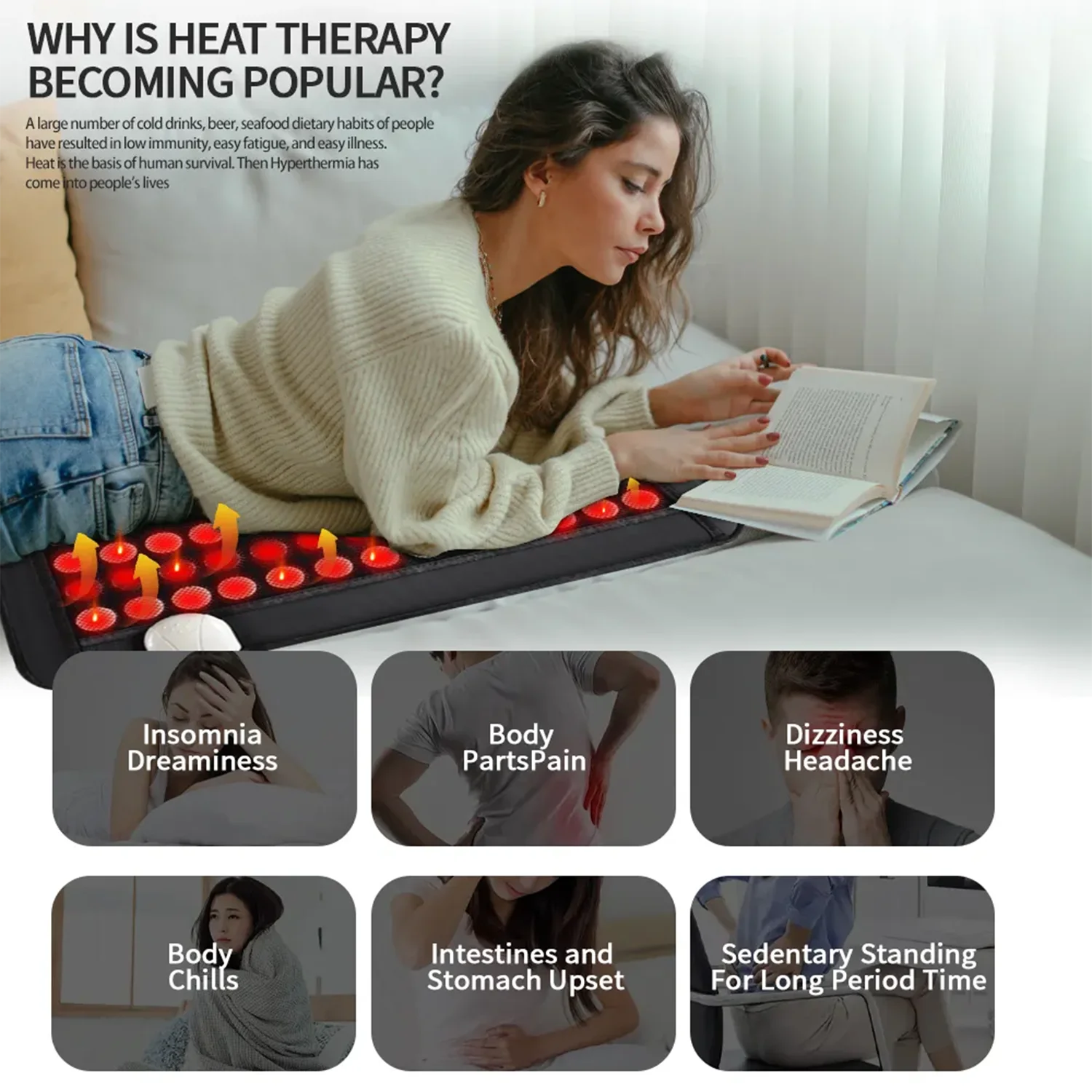 Jade Tomalin Heating Massage Cushion Electric Stone Heating Mattress Cushion Yoga Mat 60x40 cm Relieves Body Pain for OfficeHome