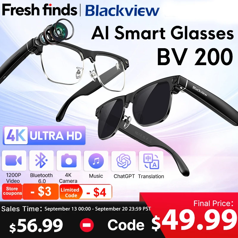 【World premiere】Blackview BV200 Shooting Smart glasses 8MP 4K HD camera Bluetooth Call Voice Assistant AI Translation Glasses
