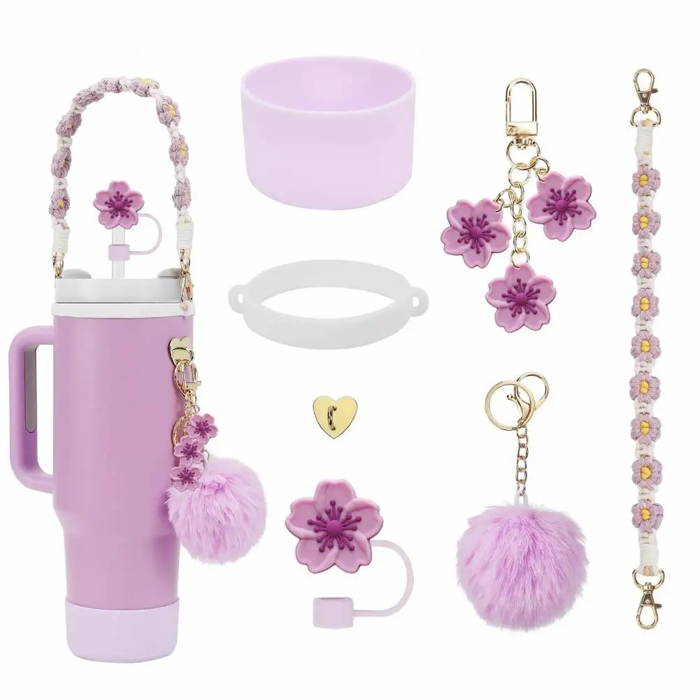 Water Bottle Protective Cover Silicone Water Bottle Sleeve with Handle Strap Floral Charms Cup Accessories Set for Stanley