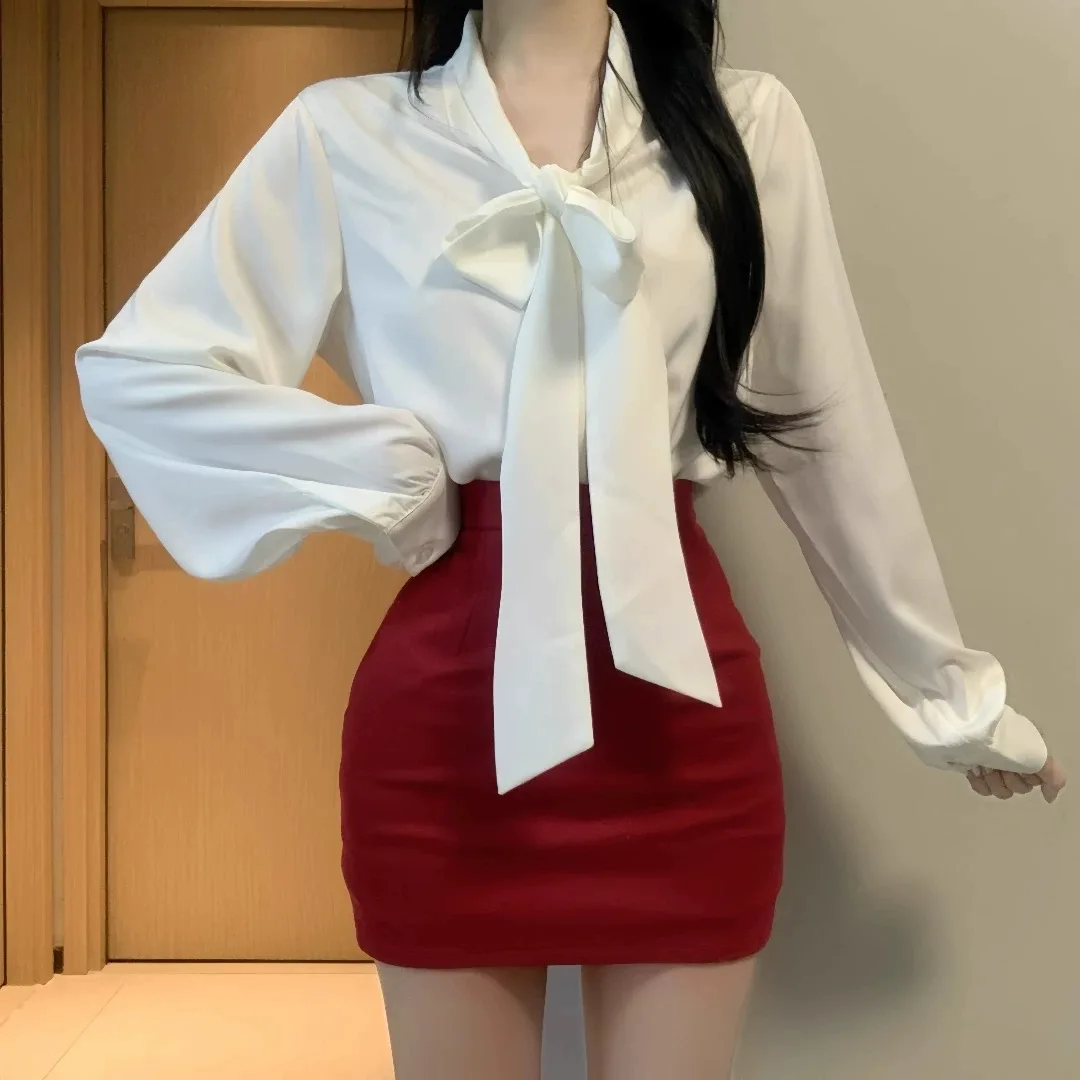 

Red Long Sve irt Bow Tie Base Layer Faionable New Sle V-Ne Loose Fit Women's Polyester Blouse Breathable Comfortable