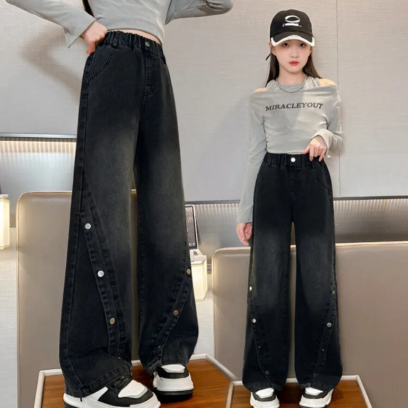 Children Girl Jeans Autumn Young Teenagers Girls Spliced Wide Leg Pants UNITIM 4-14Yrs Kids Girls Denim Pants Teens Girl Trouser